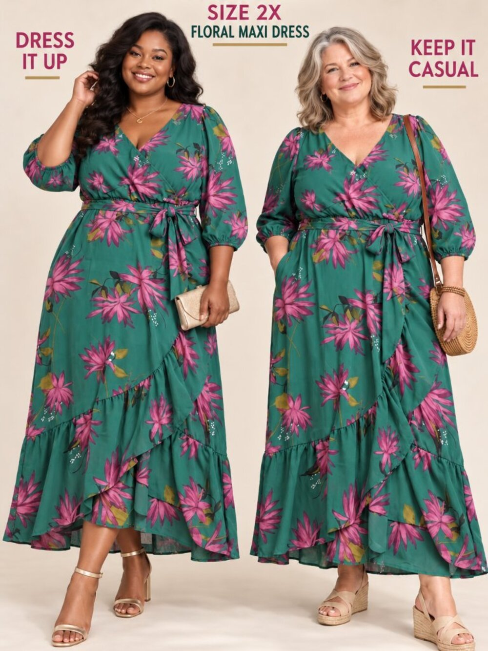 Ava & Viv Green Floral Faux Wrap Maxi Dress Plus - Size 2X